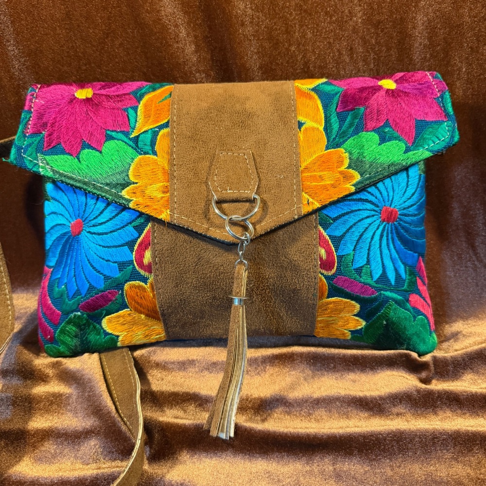 Floral Embroidered suede Crossbody Bag Boho Tassel Accent‎ Teal Multi 12" x 8.5"